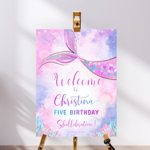 Editable Mermaid Purple Birthday Welcome Sign, Birthday Welcome Sign Mermaid, Mermaid Watercolor Birthday Poster Decor Purple Gold Glitter