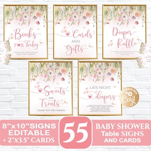 May include: Set of 55 printable baby shower signs and cards featuring a floral design with butterflies and pink hearts. The signs include titles like "Books for Baby", "Cards and Gifts", "Diaper Raffle", "Sweets and Treats", and "Late Night Diapers".