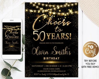 Cheers to 50 Years Birthday Invitation , Cheers to 40 Years Birthday Invitation, Gold Birthday Invitation for Her Cheers to 60 70 Years