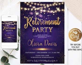 Retirement Party Invitation Purple, Purple Invitation Gold Sparkle Glitter, Editable Retirement Dinner Party Invitation Template Retirement