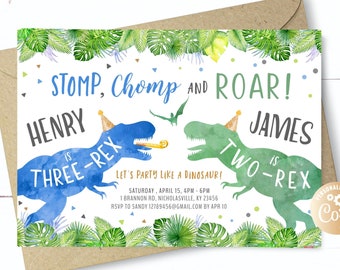 Dinosaur Double Birthday Invitation, Blue Green Two Boys Dinosaur Three-Rex Party, Three Rex Double Birthday, 2 Boys Twins Dino T-Rex