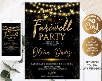 Editable Gold Glitter Farewell Party invitations, Elegant Farewell Party invitations, Modern Farewell Invitation, Exquisite Farewell Black