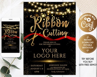 Ribbon Cutting Ceremony Invitation, Ribbon Cutting, Grand Opening, Electronic Ribbon Cutting, Business Digital, gold black, Beauty Salon