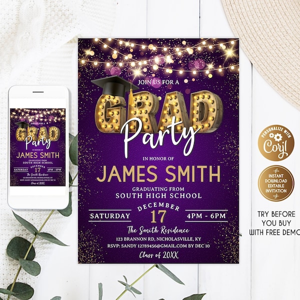 Grad Party Royal Purple Invitation, Graduation Party Purple,  Purple Graduation Invitation, Graduation Party Editable Purple College Grad