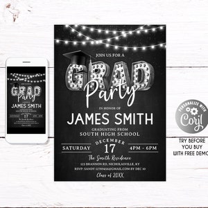 Grad Party Silver Invitation, Graduation Party Silver Boy, Graduation Invitation, Chalkboard Editable black and Silver, College Grad