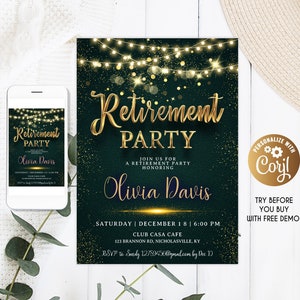 May include: A green and gold retirement party invitation with a sparkling background and string lights. The invitation reads "Retirement Party" and "Olivia Davis".