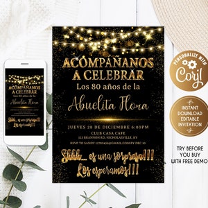 Shhh… es una sorpresa, Los esperamos, Birthday Invitation in Spanish, Acompáñanos A Celebrar, Spanish Gold Birthday Invitation