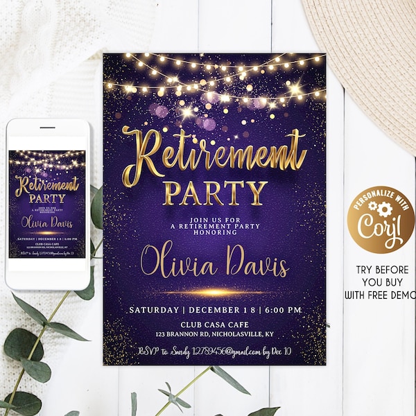 Retirement Party Invitation Purple, Purple Invitation Gold Sparkle Glitter, Editable Retirement Dinner Party Invitation Template Retirement