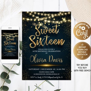 Sweet sixteen Birthday Invitation Navy, Gold and Navy Birthday Invitation, Navy 16th Birthday Invitation, Sweet 16 Birthday Invite Navy