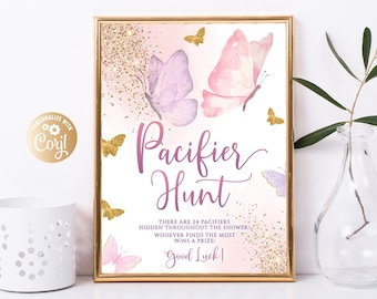 Editable Butterfly Baby Shower Pacifier Hunt Game Table Sign,Baby Shower Girl's Party Activity Editable Poster Decor,Butterfly Pacifier Hunt