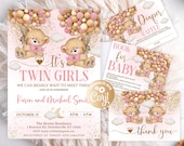 Bear Twin Girls Baby Shower Invitations Set, Editable We Can Bearly Wait Pink Bundle, Twin Girls Bear With Balloons Set Hot Air Balloon