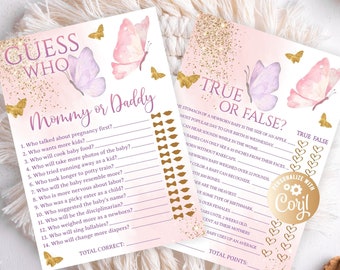 Butterfly Guess Who Mommy Or Daddy Baby Shower Game Printable Pink Butterfly True Or False? Baby Shower Games Party Answers included