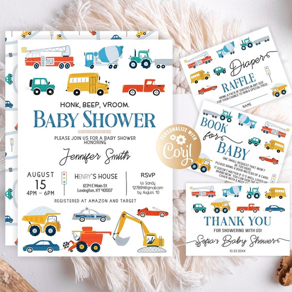 Transporte Baby Shower Set Invitación, Camión Baby Shower Bundle Invitación Coches Baby Shower Set Invitar Camión y Coches Baby Shower Bundle