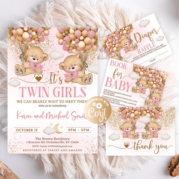 Bear Twin Girls Baby Shower Invitations Set, Editable We Can Bearly Wait Pink Bundle, Twin Girls Bear With Balloons Set Hot Air Balloon