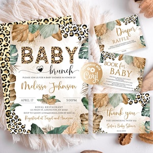 Bearbeitbares Boy Leopard Baby Brunch Einladung Set, Bundle Gold Boy Safari Baby Brunch Einladung, Set Gold Boy Baby Shower Invite Bundle