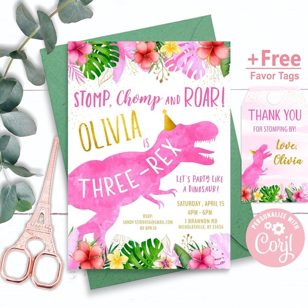 Dinosaur Birthday Invitation girl, free favor tags, Dinosaur Three-Rex Party, Dino Party, Three Rex Birthday Party, Girl Dino T-Rex, pink