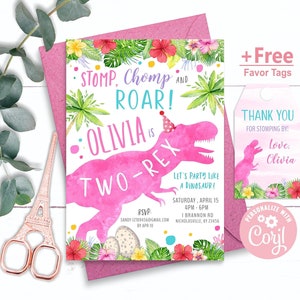 Dinosaur Birthday Invitation girl, free favor tags, Dinosaur Two-Rex Party, Dino Party, Dinosaur Four-Rex Invitation, Girl Dino T-Rex , pink