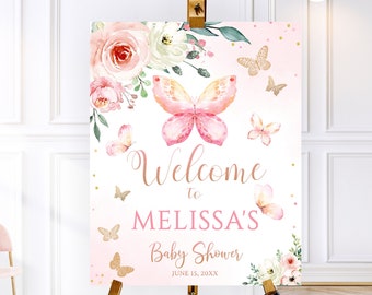 Butterfly Baby Shower Welcome Sign Pink Gold, Baby Shower Welcome Sign Butterfly, Butterfly Welcome Poster, Butterfly Decor Little Butterfly