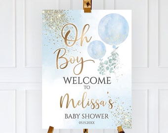 Editable Oh Boy Two Balloons Welcome Sign, Greenery Blue Two Balloons Baby Shower Welcome Sign, Oh Boy Watercolor Decorations Gold Glitter