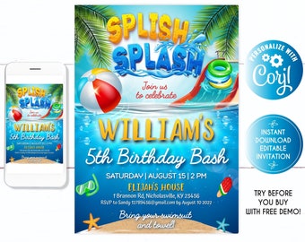 Splish Splash invitation boy, Pool Party Birthday invitation, BLUE Waterslide Bash Birthday, Pool Party,  Pool Party Summer, Swimming Party