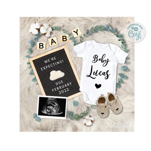 Digital Pregnancy Announcement, Social Media Gender Neutral Baby Reveal, Pregnant Announcement, Greenery, Digital Boy Pregnancy cotton