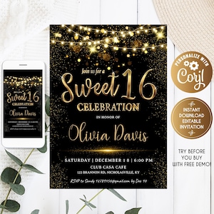 Sweet sixteen Birthday Invitation, Gold and black Birthday Invitation, 16th Birthday Invitation, Sweet 16 Birthday Invite,  Sixteenth Bday