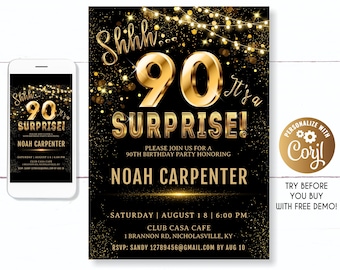 Puede incluir: Una invitación a una fiesta de cumpleaños número 90 de color negro y dorado con un fondo de brillo dorado. La invitación dice "Shhh... ¡Es una sorpresa!" e incluye el nombre "Noah Carpenter".