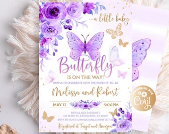 Butterfly Baby Shower Invitation, Purple Butterfly Baby Shower, For Girl,Roses , Editable Purple Gold Butterfly Baby Shower Invitation