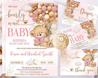 Editable Girl Pink Bear Hot Air Balloon Baby Shower Set Invitations, We Can Bearly Wait Baby Shower Set Invites Gold Girl Bear With Balloons