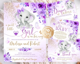 May include: A baby shower invitation set featuring a gray elephant with a purple bow, purple roses, and gold glitter accents. The text includes "a sweet little girl is on her way," "Melissa and Robert," "Diaper Raffle," "Book for Baby," and "thank you."