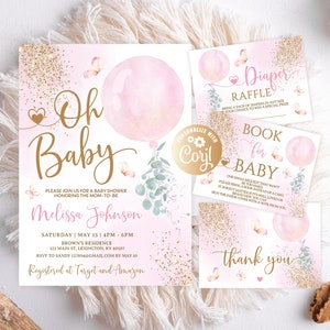 Editable Oh Baby Baby Shower Set Invitation, Pink Balloon Set Baby Shower Invitation, Gold Pink Watercolor Balloon Girl Baby Shower Invite