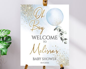 Puede incluir: Un cartel de bienvenida para una baby shower azul y dorado con un globo azul y purpurina dorada. El cartel dice "Oh Boy Welcome to Melissa's Baby Shower 05.15.20XX".