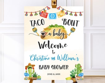 Puede incluir: Un cartel de bienvenida para un baby shower con un gráfico de taco y el texto "Taco 'Bout a Baby Welcome to Christine and William's Baby Shower June 15, 20XX".