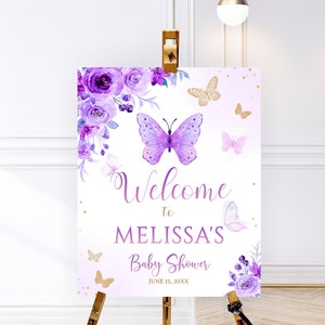 Panneau de bienvenue pour baby shower papillon violet, panneau de bienvenue pour baby shower, papillon, affiche de bienvenue papillon, décoration papillon, petit papillon