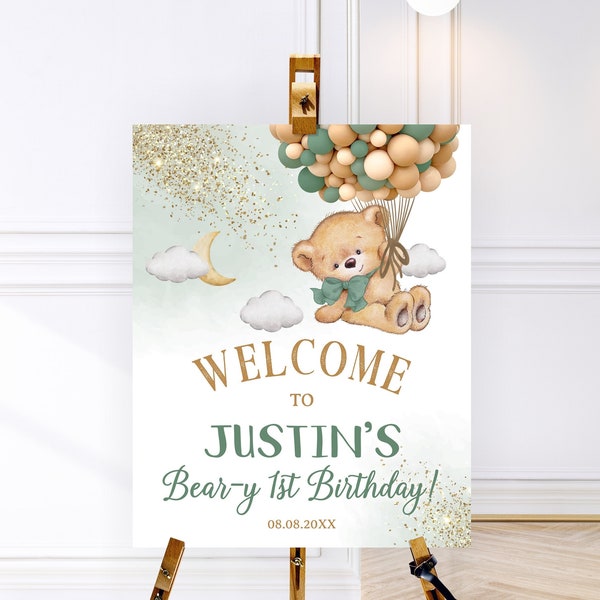 Bear Welcome Birthday Sign Green, Bear Sign, Welcome Poster Bear Sign, Clouds Bear, Bear Birthday Sign, Bear Decorations Balloons Bear Sign