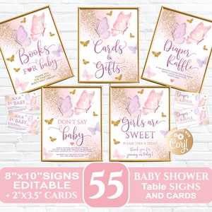 Vlinder babyshower bordbundel, vlinder babyshower tafelborden Afdrukbare vlinder tafelbord roze gouden glitter vlinderborden bundel