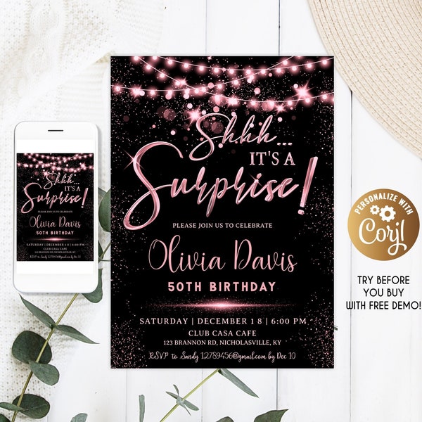 Shhh... It's a Surprise Rose Gold Birthday Invitation , Surprise  Birthday Invitation, Rose Gold Birthday Invitation for Her, 50th Birthday