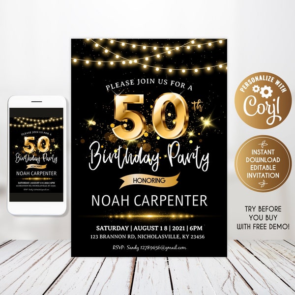 50th Birthday Invitation, Gold & Dark Birthday Invitation, Gold Fiftieth Party Invites, Him, Her, Fifty Birthday Invitation,