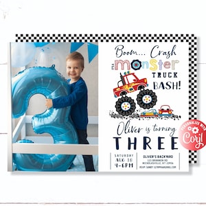 Monster Truck Birthday Invitation with photo, Monster Truck Party with photo, Monster Truck Birthday, Monster Truck with photo, 3rd birthday