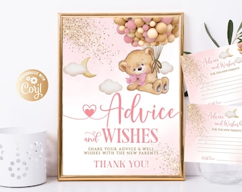 Editable Bear Pink Girl Advice for Parents, Bear Pink Advice and Wishes for Parents Party Decor Sign, Bear Baby Advice Sign and Cards Gold