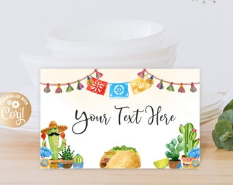 Fiesta Print Food Labels Watercolor, Editable Mexican Blue Food Signs,Taco Bout A Baby Child Food Tent Labels  Fiesta Cactus Boy