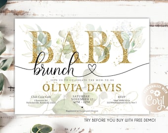 Baby Shower Brunch Invitation, Greenery Baby Brunch Invitation, Gender Neutral, Floral baby shower, Baby Shower Brunch Invites, Baby Brunch