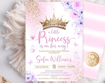 Princess Baby Shower Invitation, Princess Royal Baby Shower Invitation for Girl, Editable Purple Gold Castle Princess Baby Shower Invitation