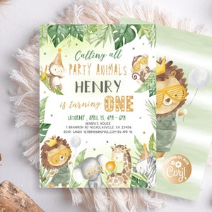 Safari Birthday Invitation Gold, Wild One 1st Birthday Invitation, Editable Wild One Birthday Boy Invitation, Jungle Birthday, Party Animals