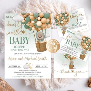 Editable Bear Baby Shower Invitation Set, We Can Bearly Wait Boy Bundle, Green Bear in the Basket Balloons Set, Bear with Sage Balloons