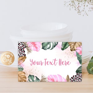 May include: Pink and green tropical leaf design with gold glitter and leopard print accents. The text "Your Text Here" is written in pink on a white background.