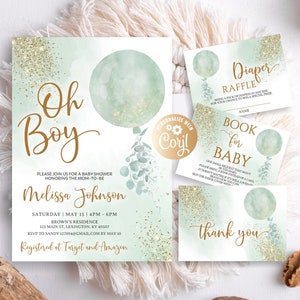 Editable Oh Boy Baby Shower Set Invitation, Boy Green Balloon Baby Shower Bundle Invitation, Green Emerald Set Watercolor Gold Glitter