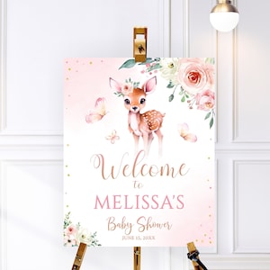 Welkomstbord herten babyshower roze goud, oh deer welkomstbord babyshower vlinder, welkomstposter herten, rozen decor groen bord