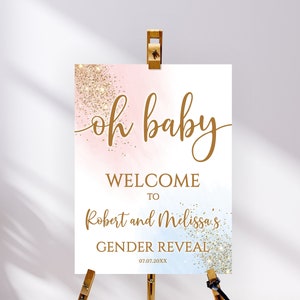 Gender Reveal Sign,  Editable Oh Baby Gender Reveal Welcome Sign, Printable Gender Reveal Welcome Sign He or She, Blue Pink Gold Smoke Decor