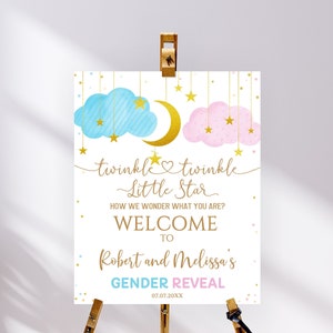 Gender Reveal Sign, Editable Twinkle Twinkle Little Star Sign, He Or She Moon Stars Welcome Sign, Boy or Girl Sign Clouds Welcome Sign